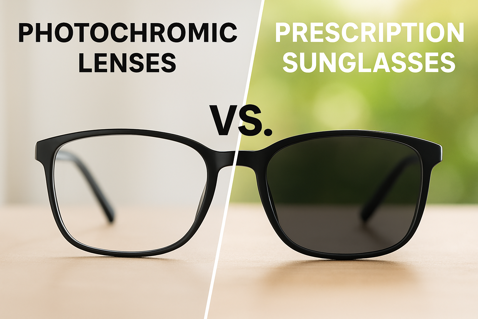 Photochromic lenses vs. prescription sunglasses: Glasses with clear and tinted lenses side-by-side.