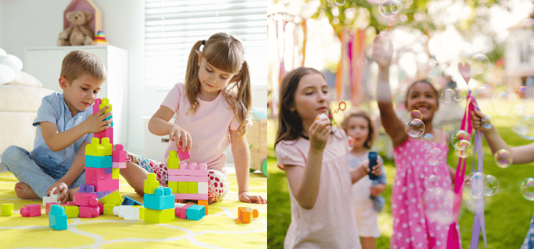 Children playing with colorful blocks at a table and running on a sunny lawn, smiling and laughing