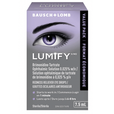 Bausch + Lomb LUMIFY eye drops box, gray with purple eye graphic and white text