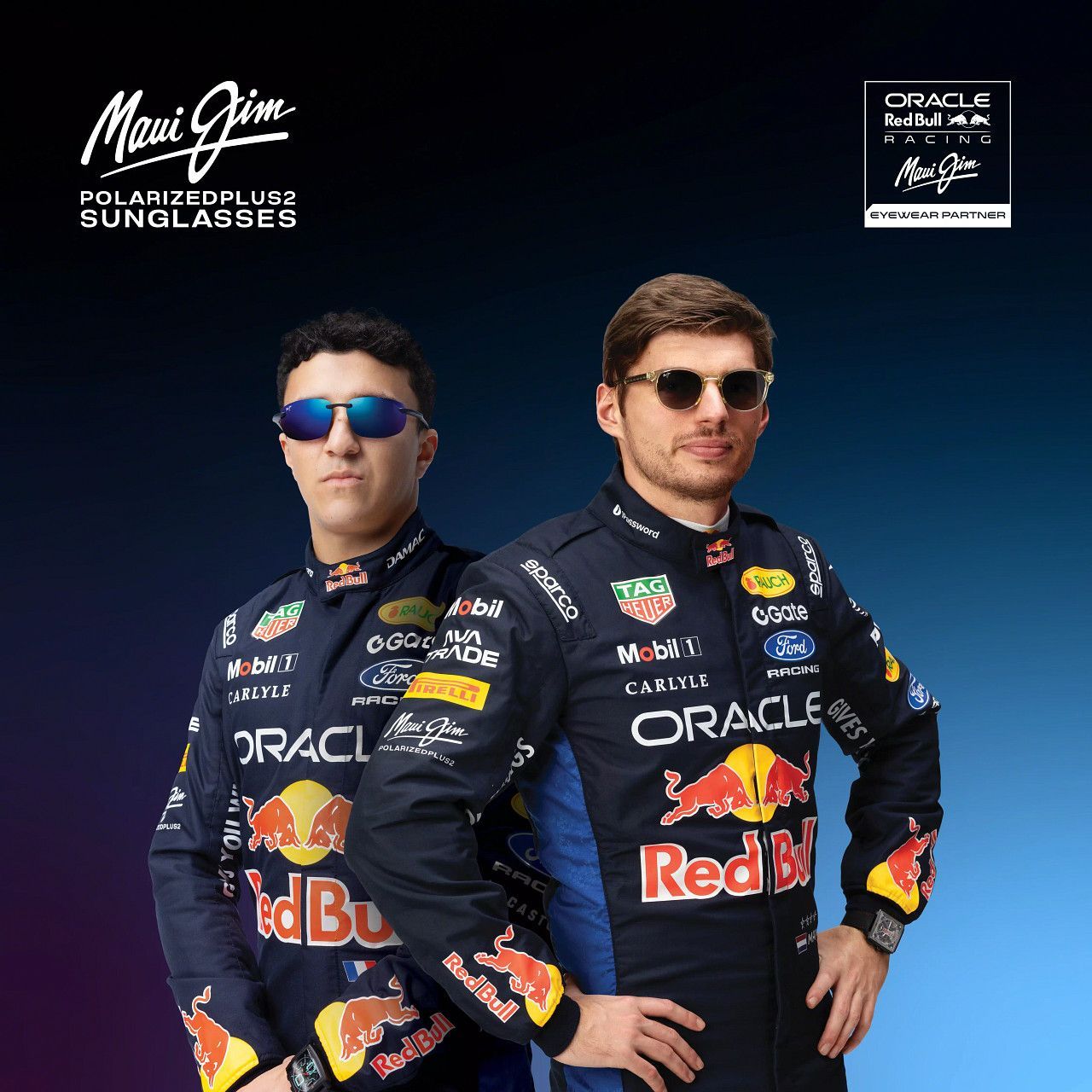 Two Formula 1 drivers in Oracle Red Bull Racing suits, one wearing blue sunglasses, against a dark background