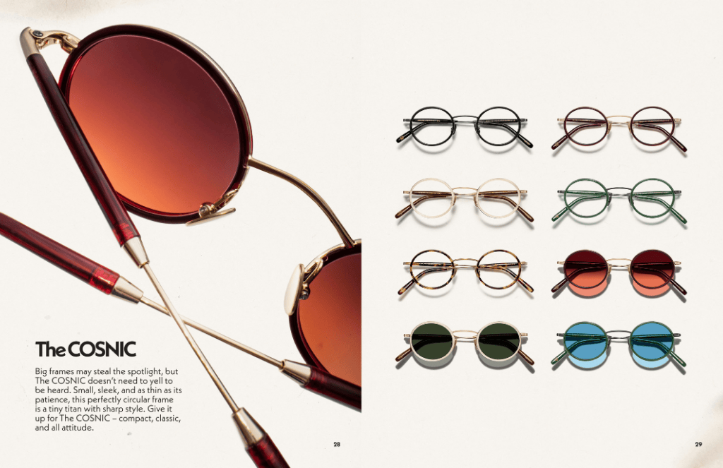 Sunglasses named The Cosnic advertisement: large, round, amber sunglasses and several smaller, different-colored frames on a white surface.
