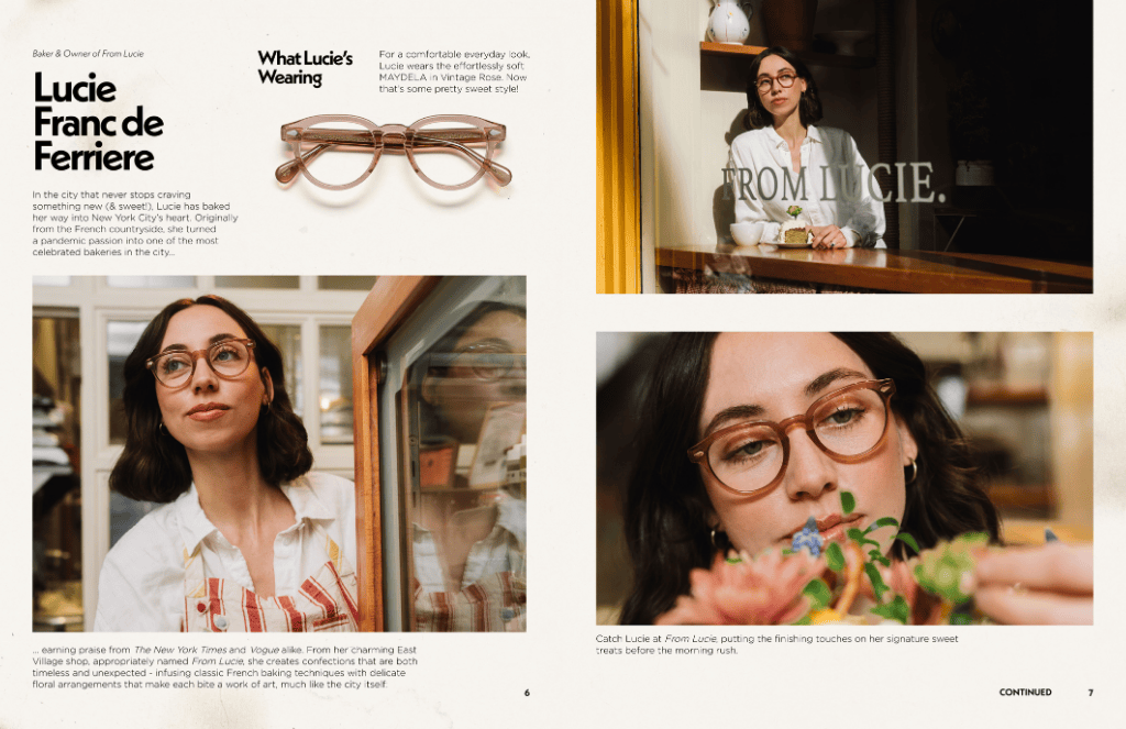 Lucie Franc de Ferlere wearing brown glasses. Interior and outdoor settings. Text reads 