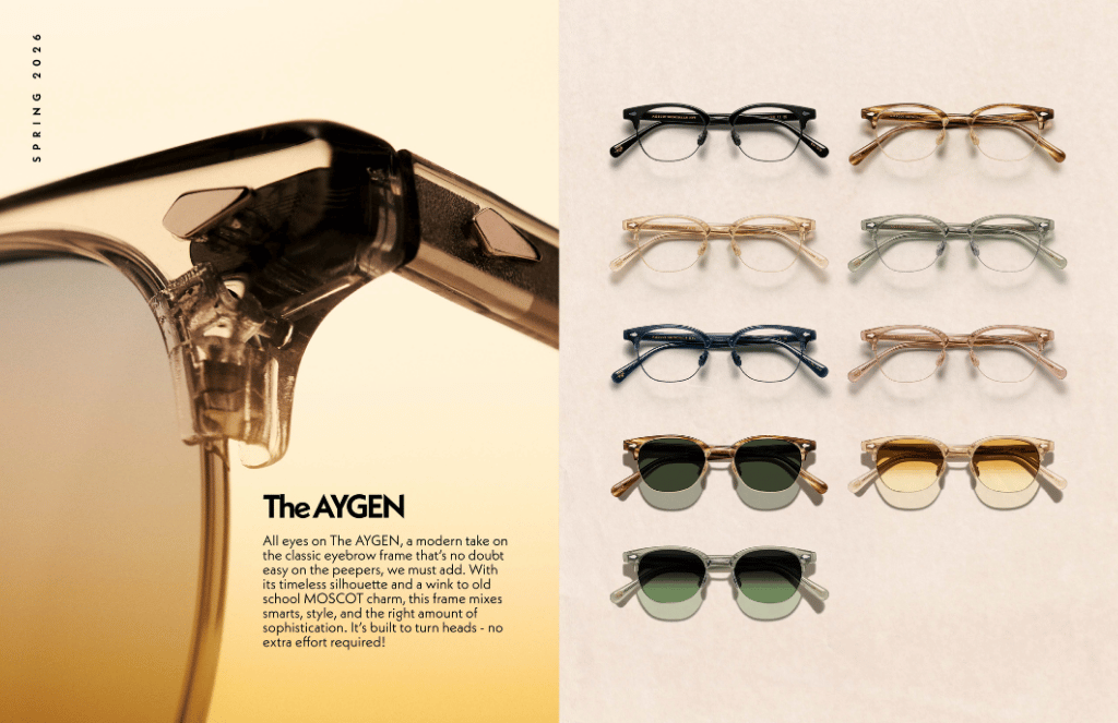 Eyeglasses ad with six frames on a beige background and a close-up of glasses pouring liquid on the left