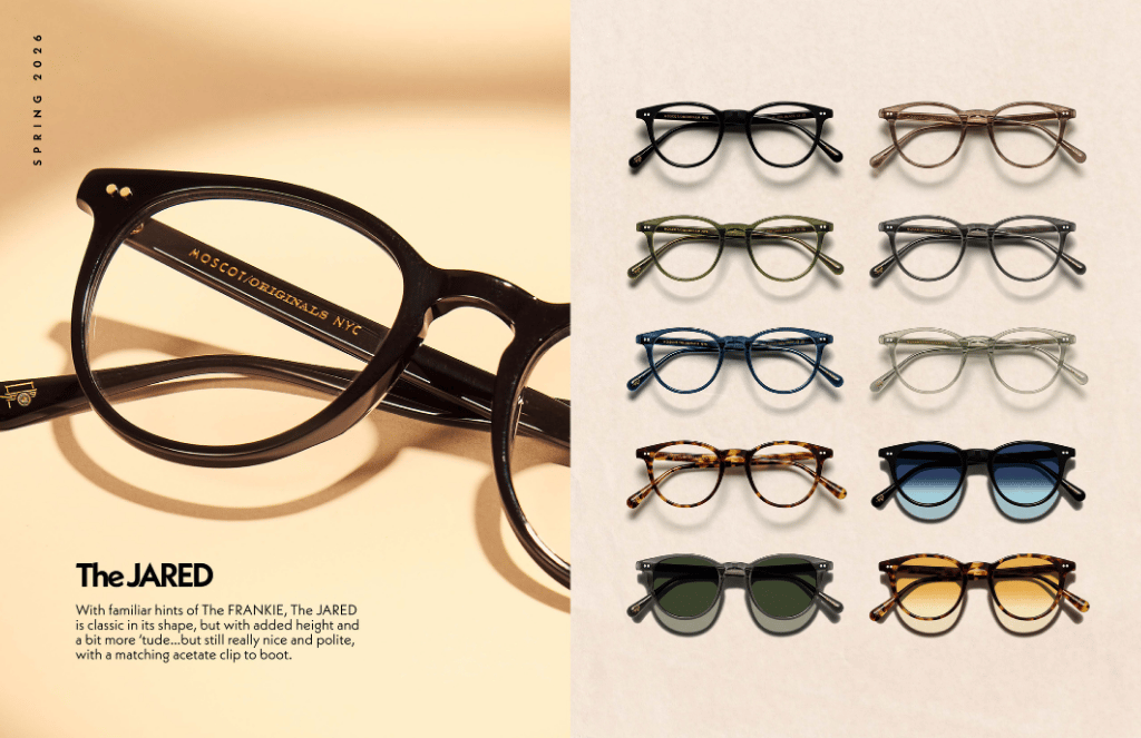 Eyeglasses ad showing black cat-eye frames and eight color variations on a beige background