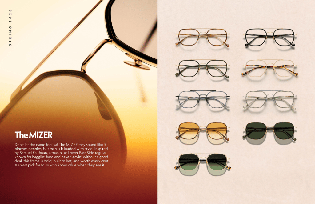 Eyeglasses product ad showing multiple frames on a beige background with warm amber and green lenses.