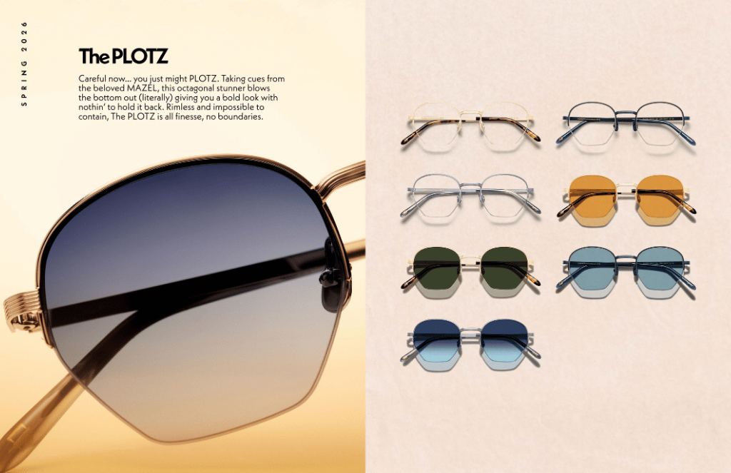 Eyeglass ad showing multiple frame styles and tinted lenses with “The Plotz” branding