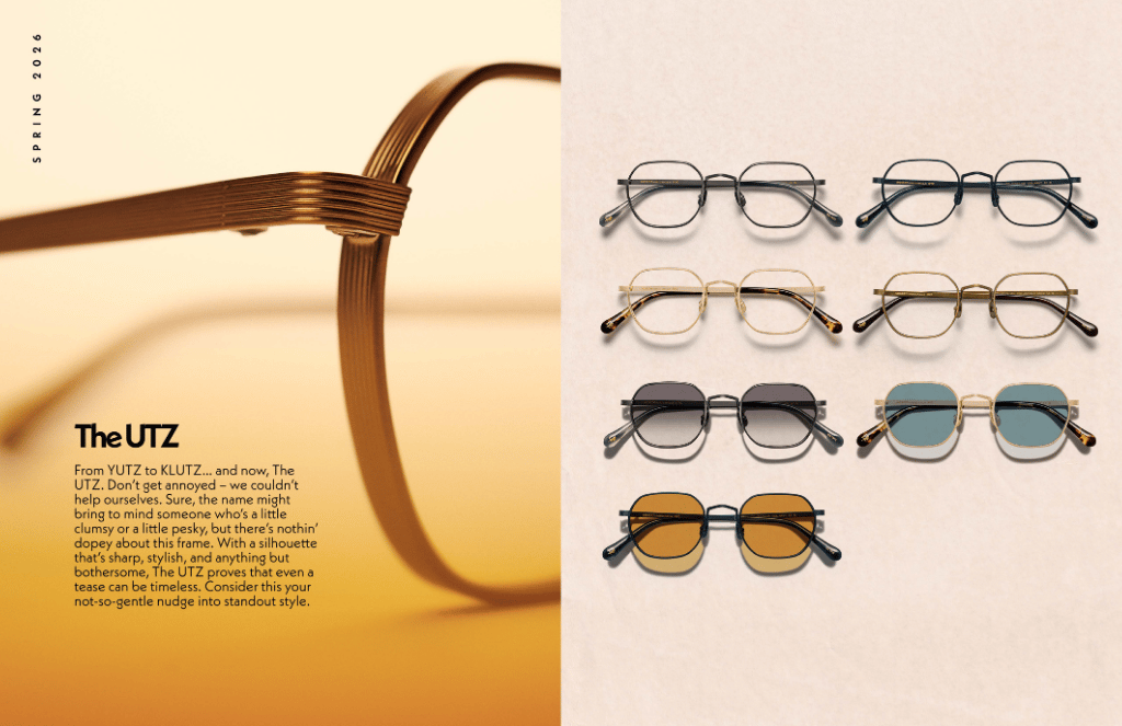 Eyeglasses ad showing The LITZ frames in multiple colors on a beige background