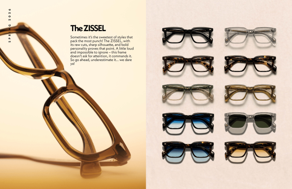 Promotional eyeglasses ad showing a gold frame and eight color variations on a white background
