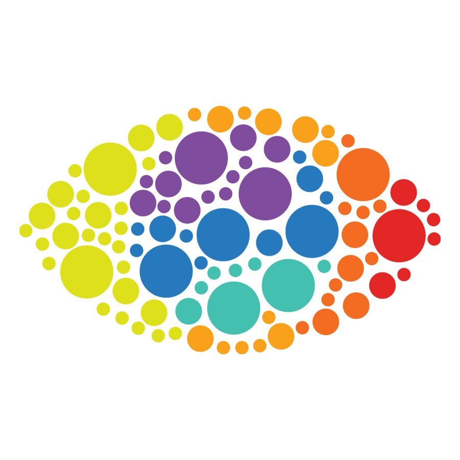 A colorful eye made of circles on a white background