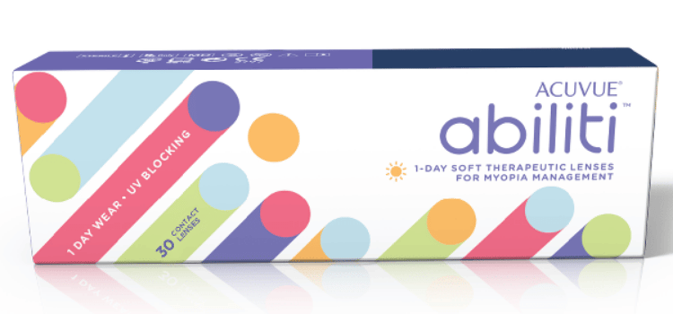 Abilifi contact lenses box with colorful diagonal stripes on a white background