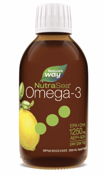 A bottle of nutraseer omega 3 with a lemon on the label