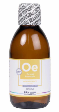A brown bottle with a white label that says oe
