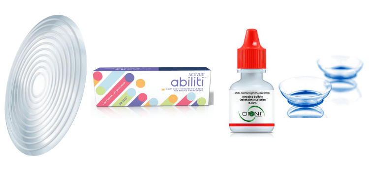 Zeiss myocare lens, Abiliti contact lenses packaging, atropin bottle, and orthokey contact lenses