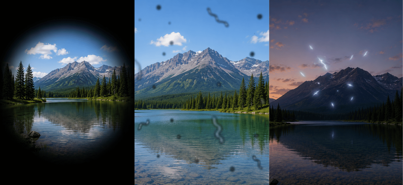 Three views of a mountain reflected in a calm lake at different times of day, from bright to dusk