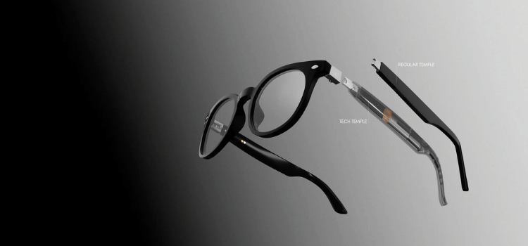 Black eyeglasses with two side views on a gray gradient background