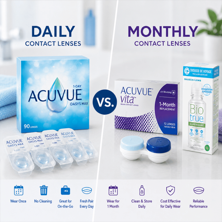 Daily Acuvue Oasys vs monthly Acuvue Vita contact lens comparison on a blue-and-purple split layout