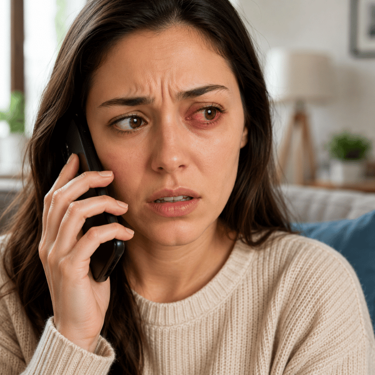 Woman on a phone, looking worried in a living room, with a red eye.