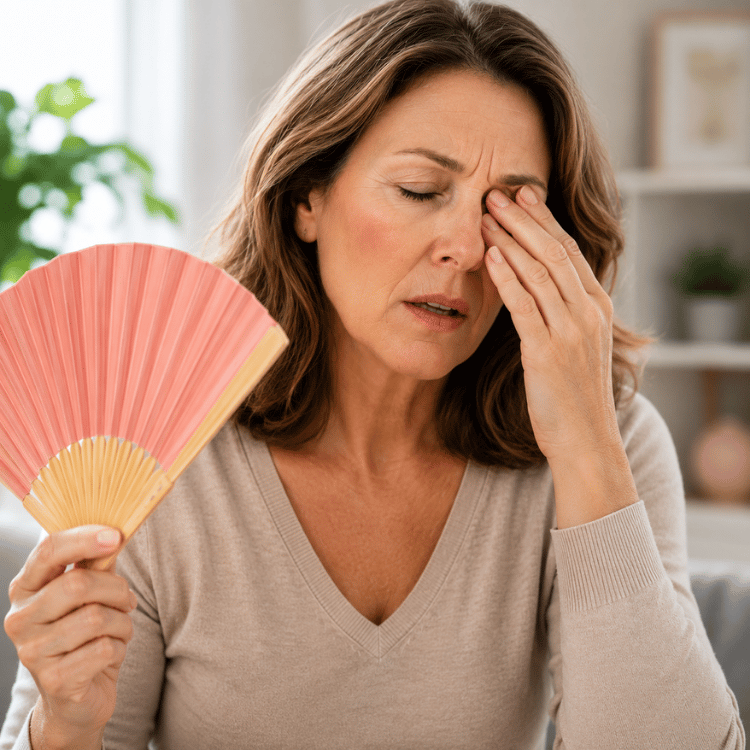 Woman holding a pink fan and pressing her temple in a bright room, looking uncomfortable