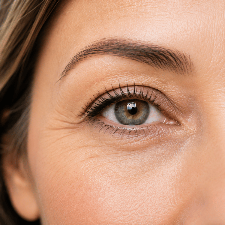 Close-up of a single eye with natural makeup and brown eyebrow on warm skin tone