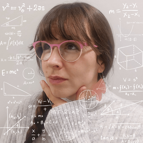 Woman with pink glasses and ponytail, thoughtful expression, with math equations in background.