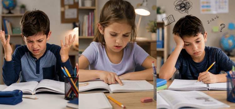 Three children studying at desks in a classroom, reading books and writing in notebooks