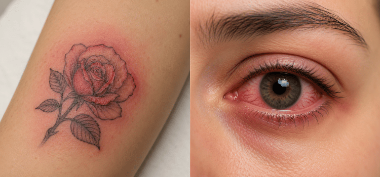 Rose tattoo on forearm next to a close-up of a red, irritated eye