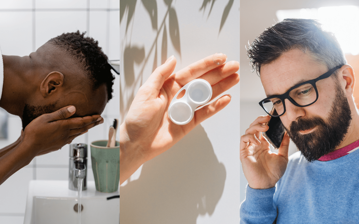 Man rubbing eyes at sink, contact lens case in hand, with man on phone beside him in bright bathroom