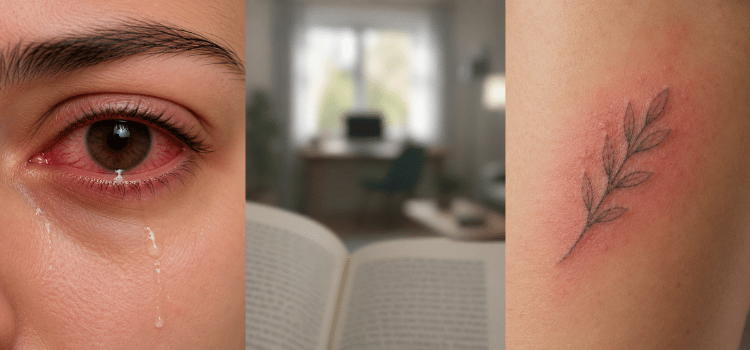 Three-panel collage: teary red eye, open book in blurred room, and small leaf tattoo on a forearm