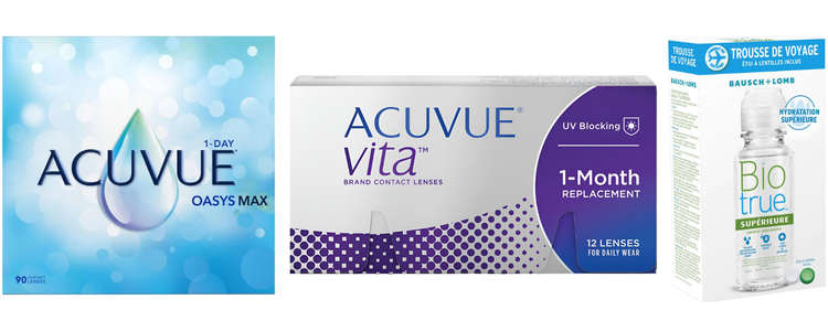 ACUVUE contact lens boxes and a BioTrue solution bottle on a white background