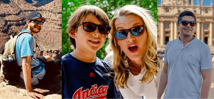 Four people wearing enchroma sunglasses pose in different locations.