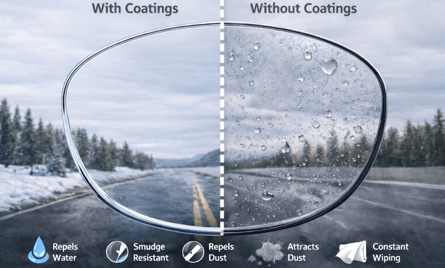 Comparison of eyeglass lenses: coated lens repels water and dust, while uncoated lens is covered in water droplets and attracts dust.