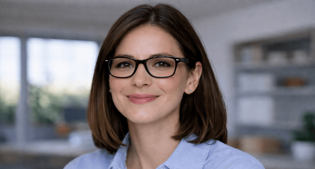 Woman with short brown hair and glasses smiling. Wearing a light blue shirt, indoors, soft focus background.