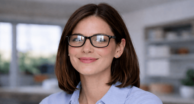 Woman with short brown hair and glasses smiles in a bright indoor setting.