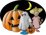 A cartoon of a ghost , a girl and a pumpkin.