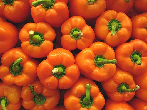 A pile of orange bell peppers with green stems