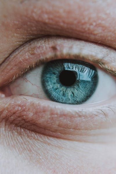 A close up of a person 's blue eye.