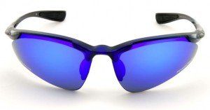 A pair of blue sunglasses on a white background.