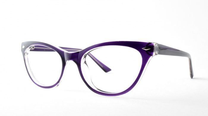 A pair of purple glasses on a white background.