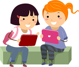 A boy and a girl are sitting on a bench looking at a tablet
