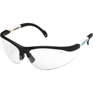 A pair of safety glasses with clear lenses and a black frame