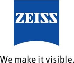 The zeiss logo is blue and white and says `` we make it visible ''.