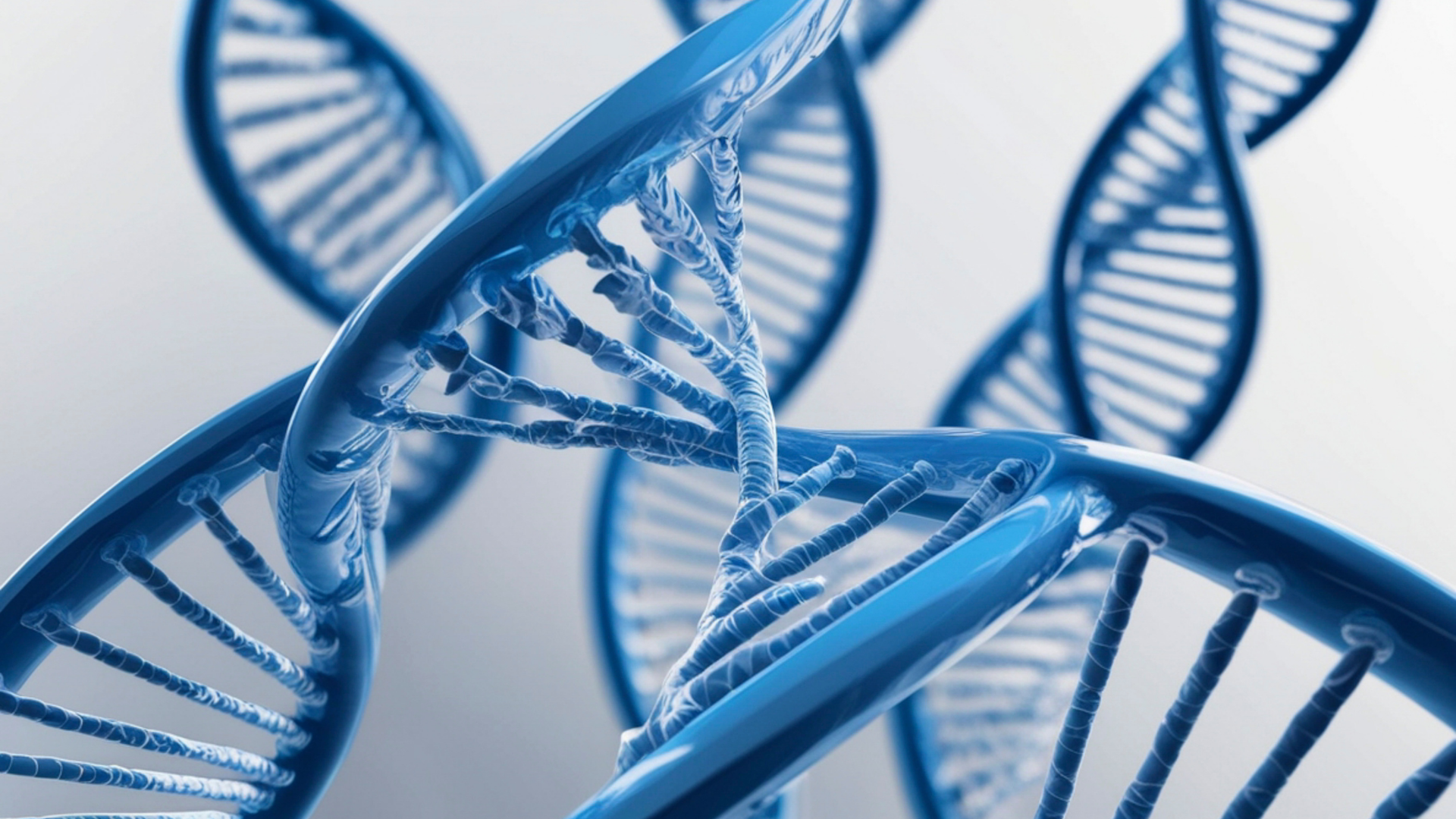 Multiple blue, glowing DNA double helix structures arranged against a soft, light background.