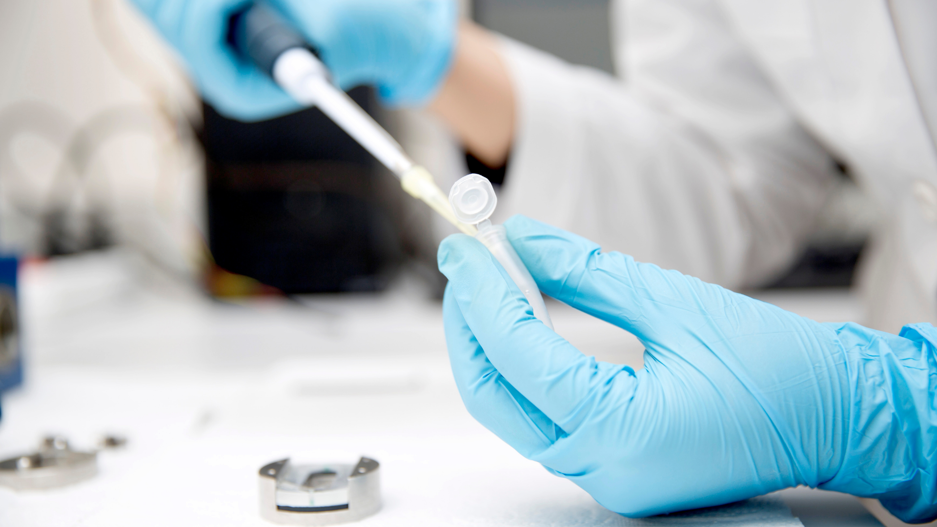 A gloved hand uses a micropipette to transfer liquid into a small, open centrifuge tube in a laboratory setting.