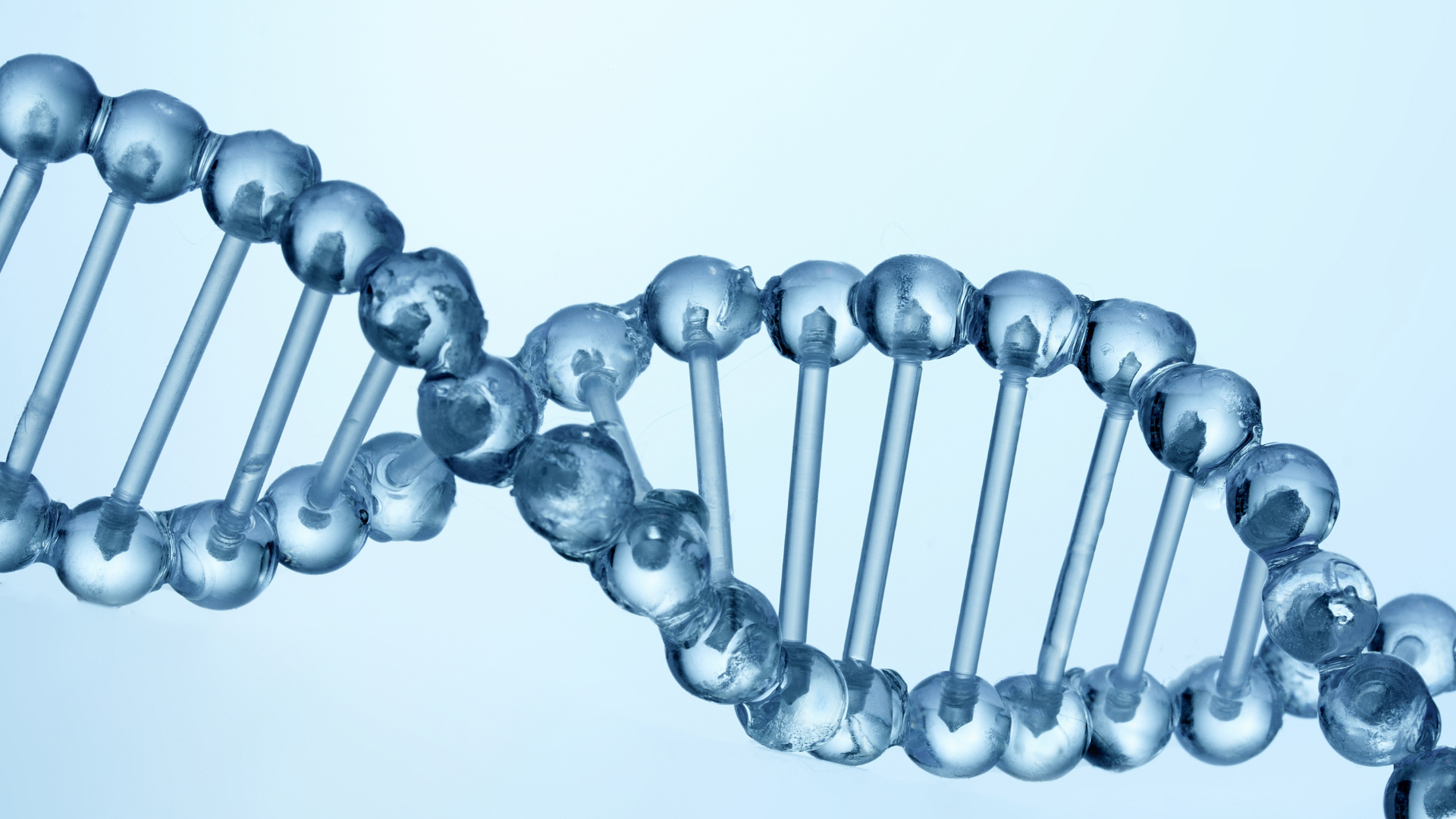 Two DNA double helix strands, one orange and one dark, set against a dark background with a glowing light effect.