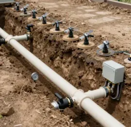 Irrigation drip system with pipes, sprinkler heads, and control box installed in a dirt trench