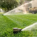 Lawn sprinkler watering a green suburban yard on a sunny day