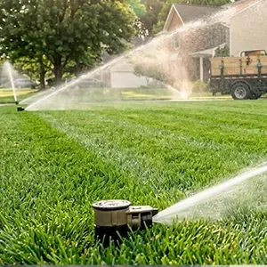 Lawn sprinkler watering a green suburban yard on a sunny day