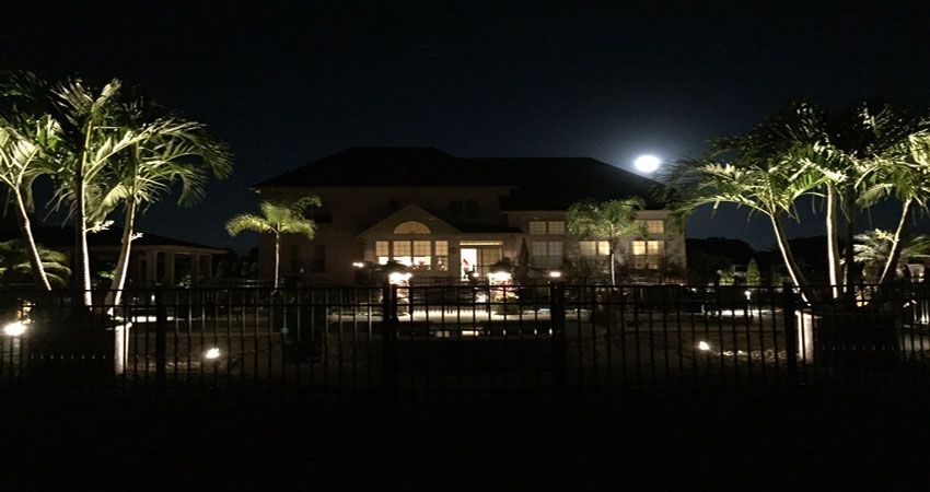 Nighttime view of a lit house with palm trees and a fenced yard.