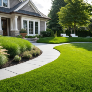 Curved sidewalk through a lush green lawn leading to a house with white columns and large windows