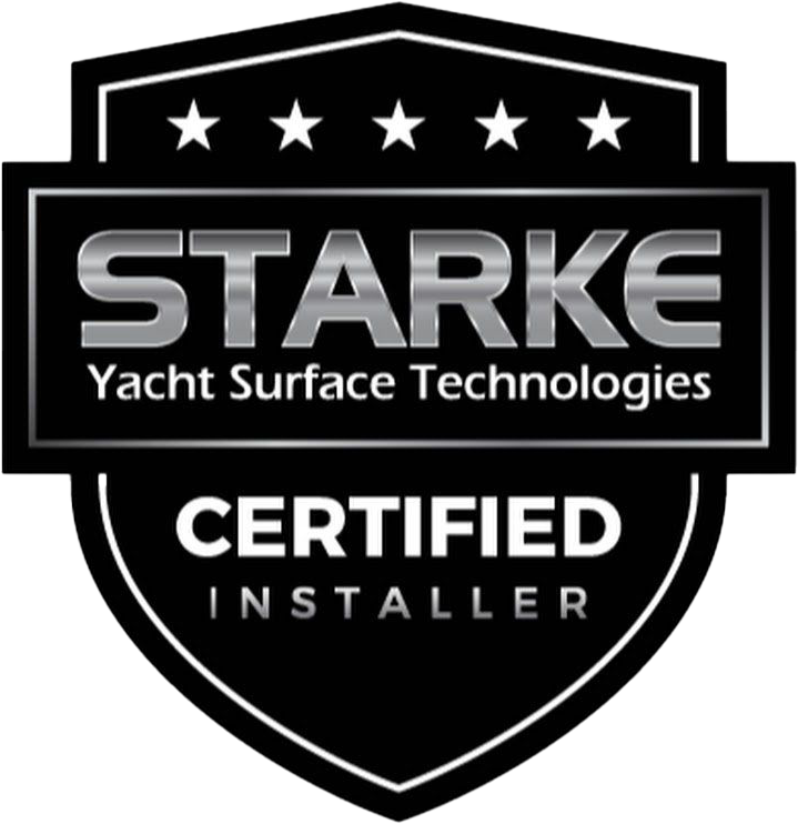 Black and silver Starke Yacht Surface Technologies Certified Installer badge.
